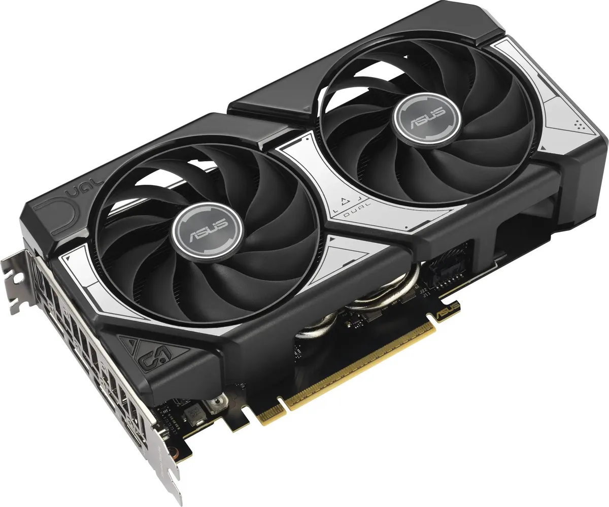 ASUS GeForce RTX 5060 Ti DUAL OC угловой вид — разъёмы питания и крепление PCI-E