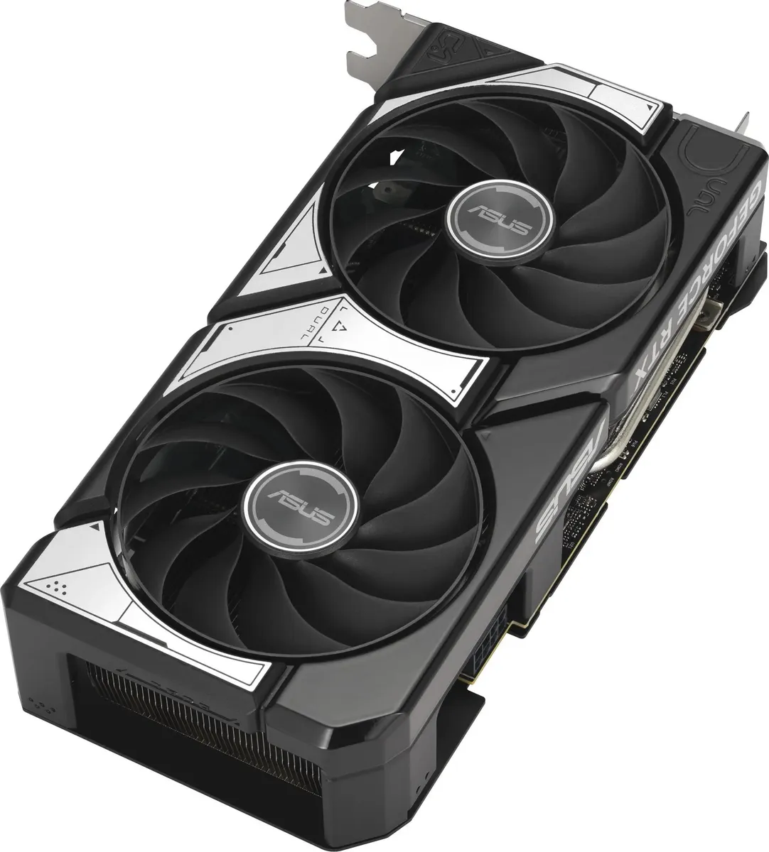 ASUS GeForce RTX 5060 Ti DUAL OC фронтальный вид — два вентилятора и белые элементы кожуха охладителя