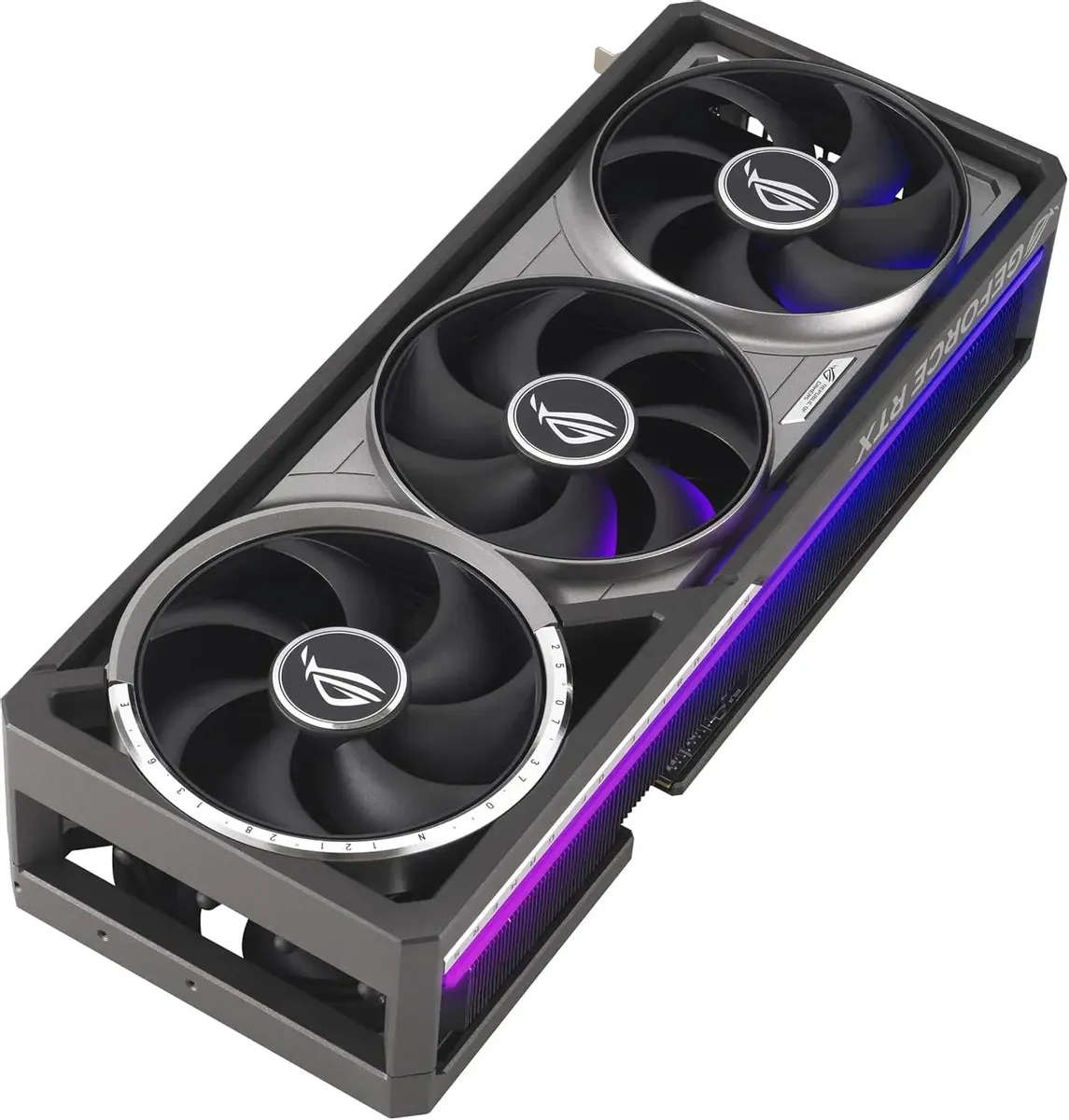 ASUS ROG ASTRAL RTX 5080 вид сверху — четыре вентилятора с логотипом ROG, RGB подсветка корпуса