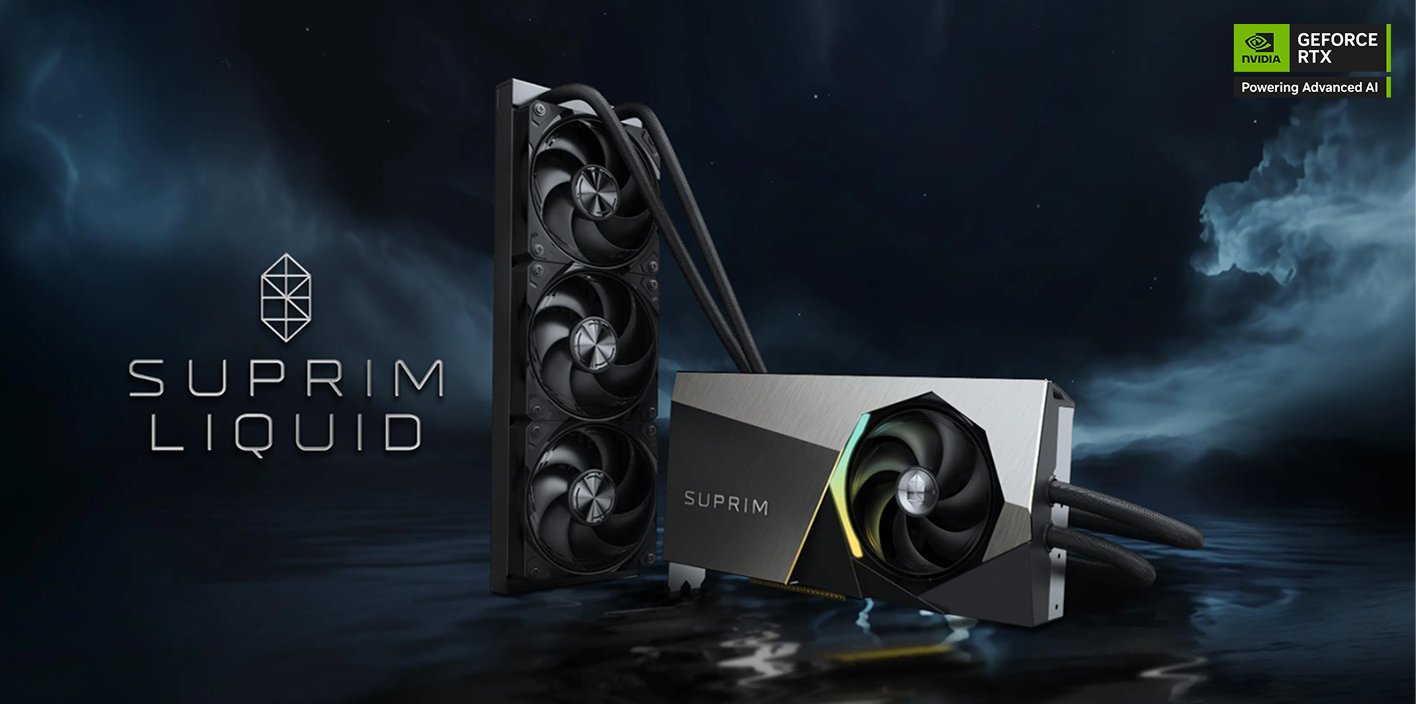 MSI RTX 5080 16G SUPRIM LIQUID OC общий вид с жидкостным охлаждением и RGB подсветкой