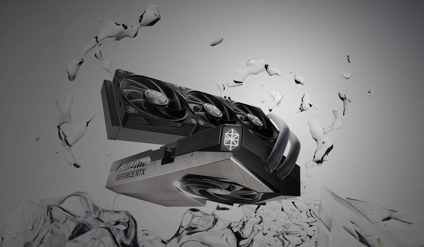 MSI RTX 5080 16G SUPRIM LIQUID OC боковой профиль с четырьмя вентиляторами и логотипом SUPRIM
