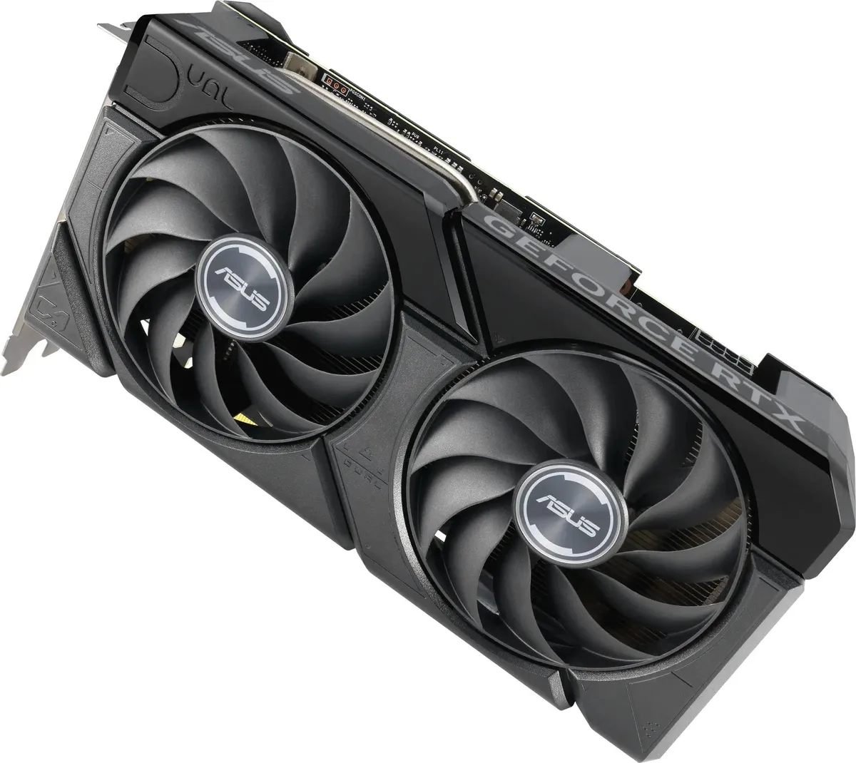 ASUS GeForce RTX 4060 Ti вид сверху — два вентилятора, верхняя панель с разъёмами и логотипом ASUS