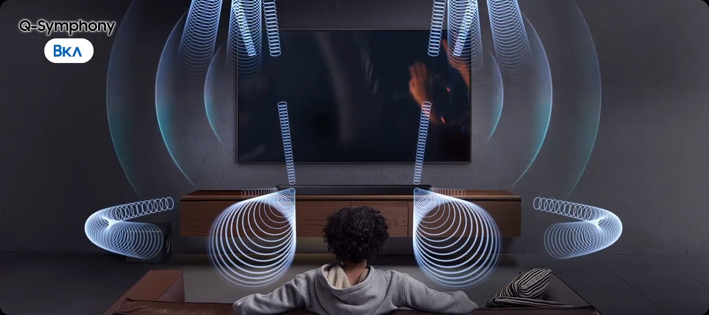 Samsung HW-Q800F/RU технология Q-Symphony &mdash; многоканальная звуковая система вокруг зрителя