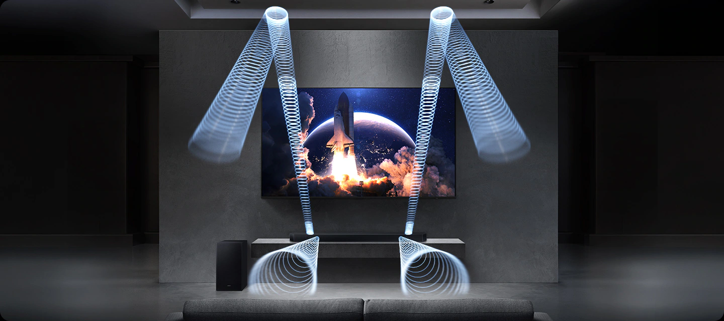 Samsung HW-Q600H — схема распространения звуковых волн в комнате с отражением от потолка через верхние излучатели