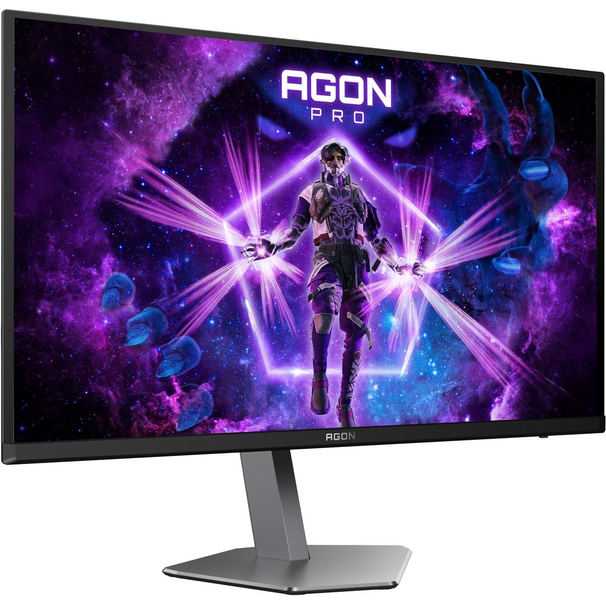 AOC AGON AG276UZD вид под углом игровой контент фиолетово-синие тона дизайн монитора