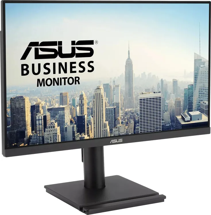 ASUS Business VA249QGS вид спереди справа на подставке с тестовым изображением города