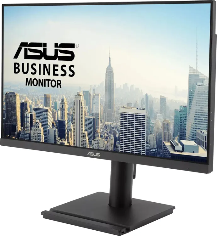 ASUS Business VA249QGS вид спереди слева на педестальной подставке, демонстрация тонкого корпуса и угла обзора