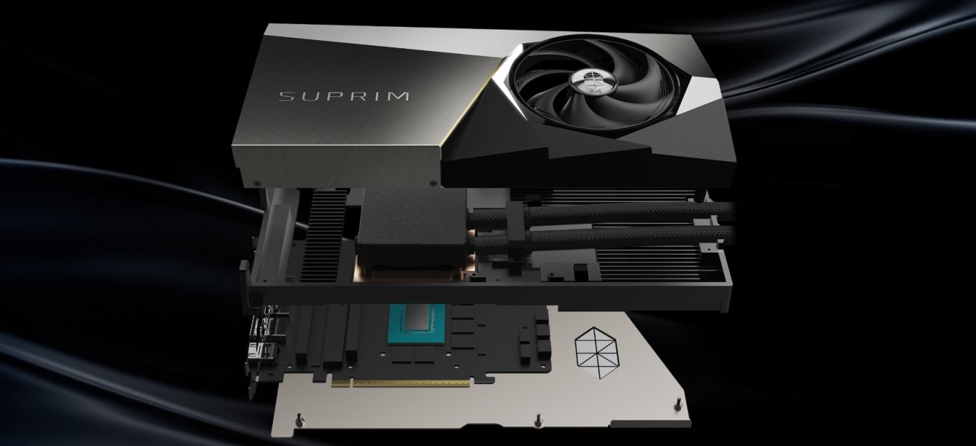 MSI RTX 5080 16G SUPRIM LIQUID SOC в разрезе — жидкостный блок охлаждения, плата питания и конструкция кулера