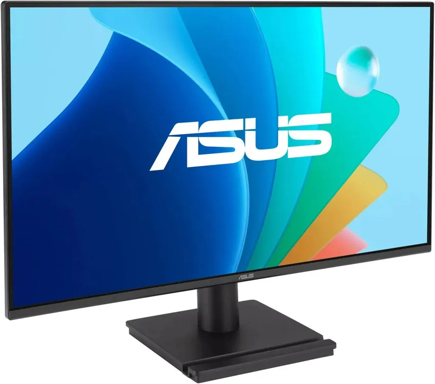 ASUS VA249HG вид спереди под углом на подставке с логотипом и графикой на экране