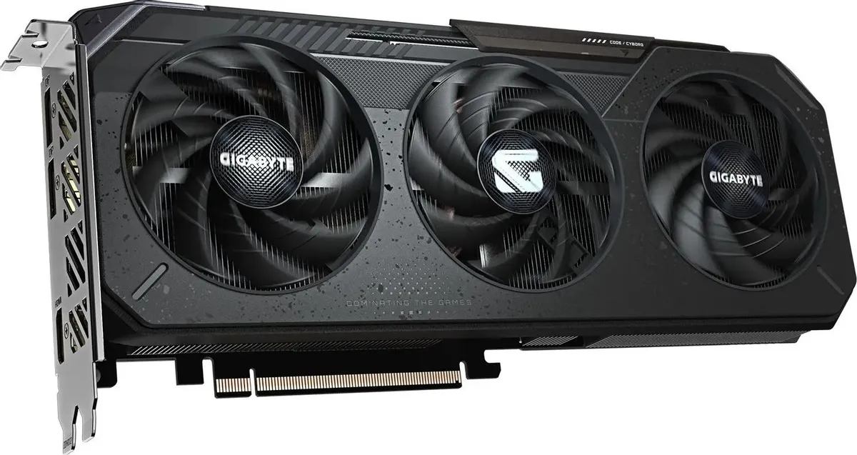Gigabyte RX 9060 XT Gaming OC боковой вид металлический бэкплейт разъём PCIe 8-pin