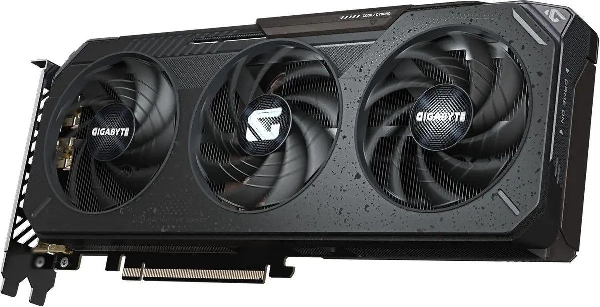 Gigabyte RX 9060 XT Gaming OC фронтальный вид три вентилятора охлаждения