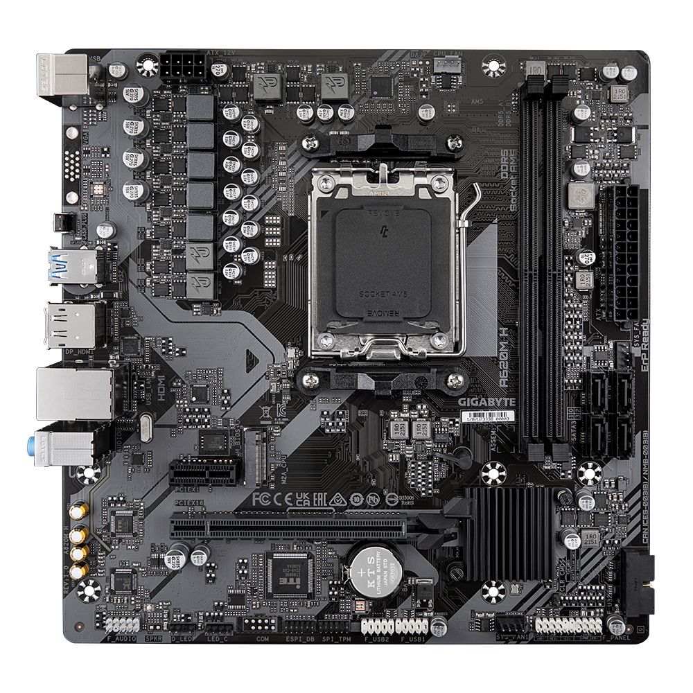 Gigabyte A620M H вид сверху — сокет AM5, слоты DDR5, разъёмы SATA и PCIe