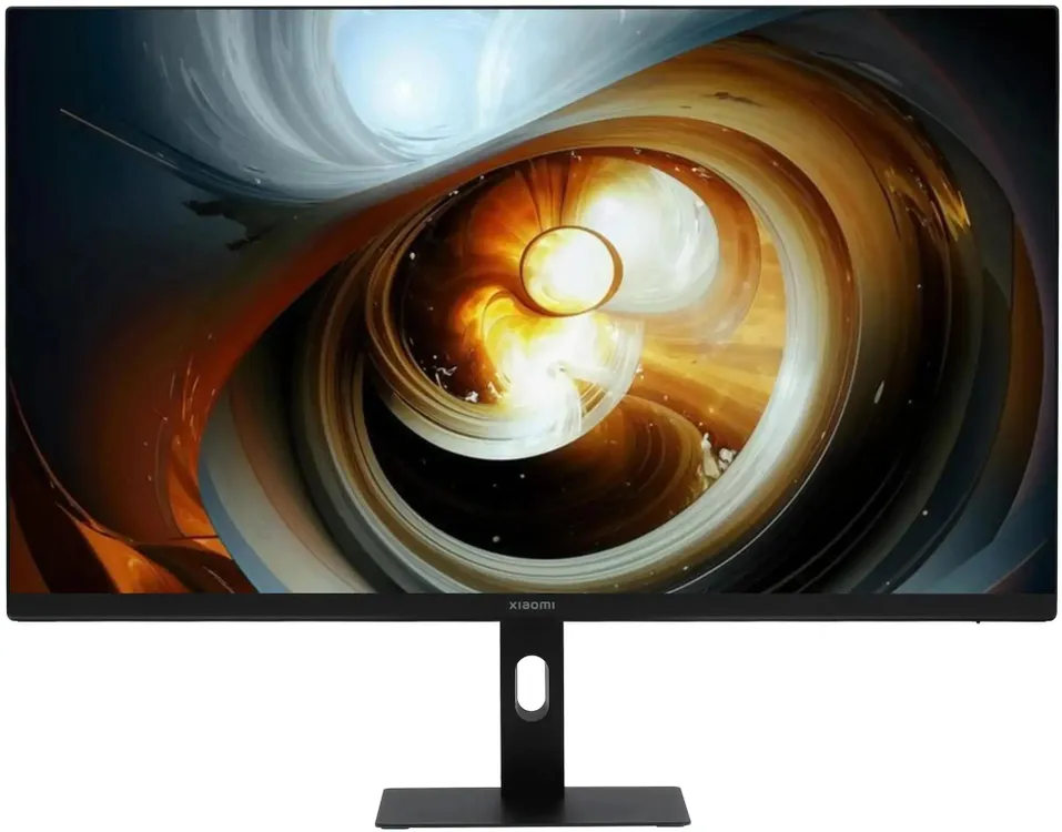 Xiaomi 2K Monitor A27Qi 2026 вид спереди на подставке, экран с абстрактным изображением