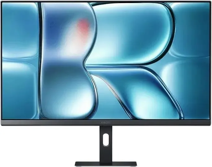 Xiaomi 2K Monitor A27Qi 2026 экран включён с изображением букв KR в синих тонах, демонстрация цветопередачи