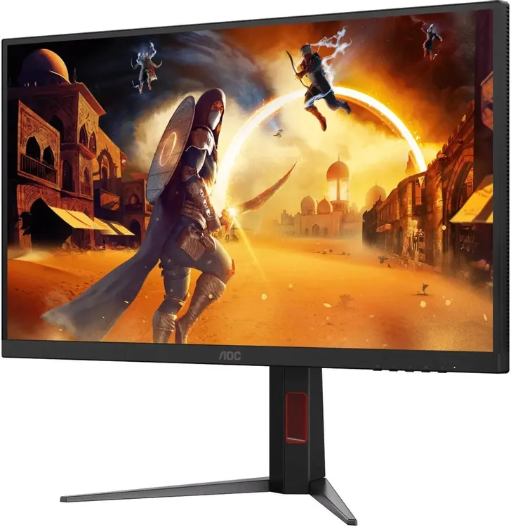 AOC Q27G4ZMN боковой профиль слева — тонкий корпус и подставка с красными акцентами