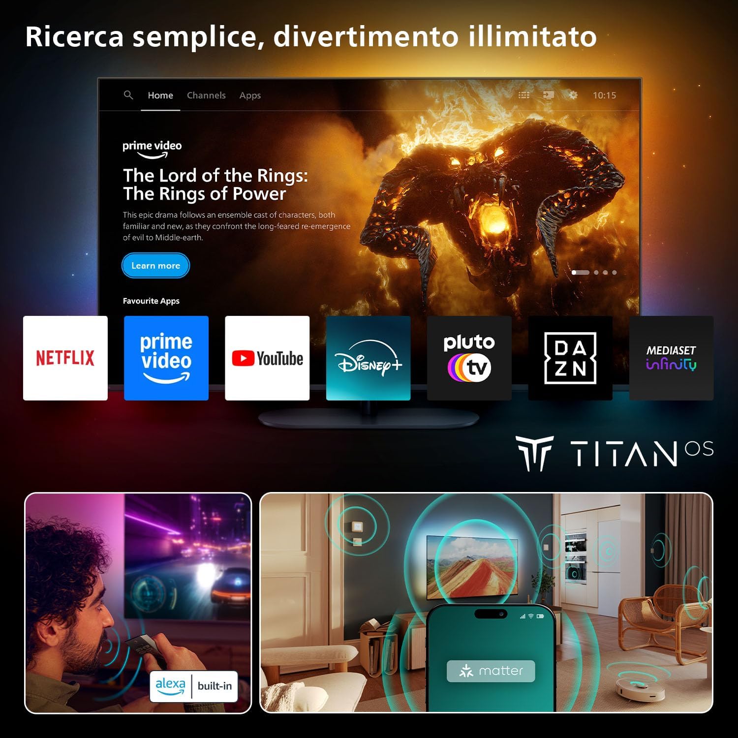 Philips 77OLED770 Smart TV интерфейс TITAN OS &mdash; Prime Video, Netflix, YouTube, Disney+ на главном экране