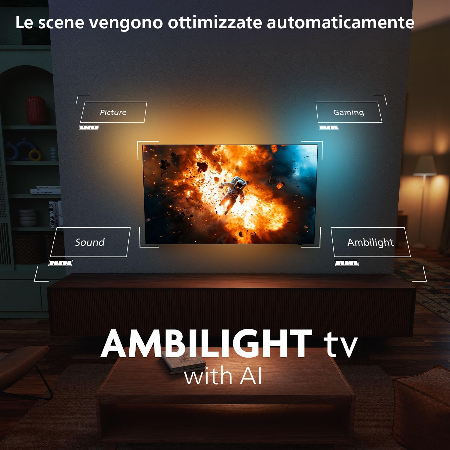 Philips 77OLED770 Ambilight с AI &mdash; автооптимизация режимов Picture, Gaming, Sound в интерьере