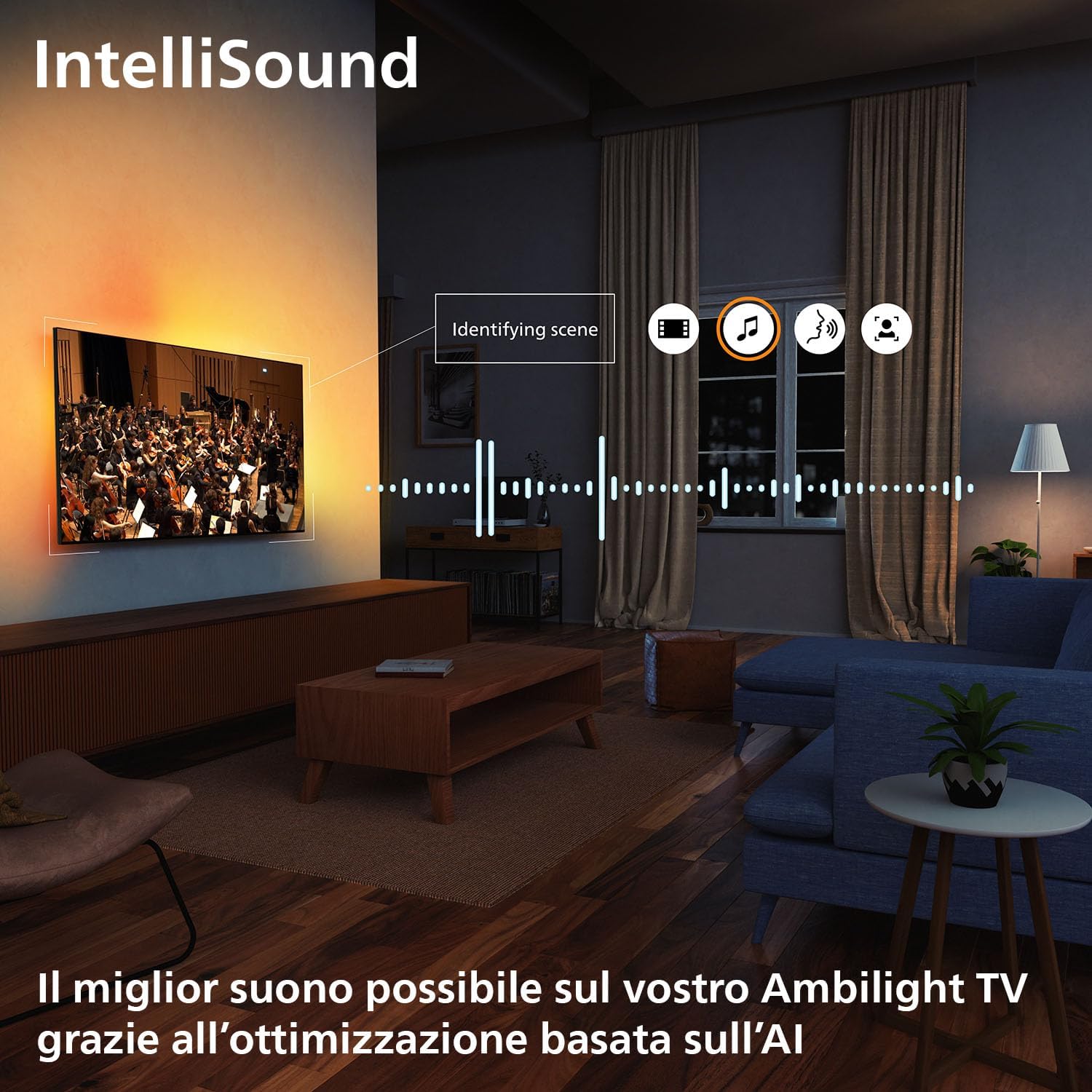 Philips 77OLED770 IntelliSound &mdash; режимы звука фильм, музыка, голос, люди в интерьере гостиной