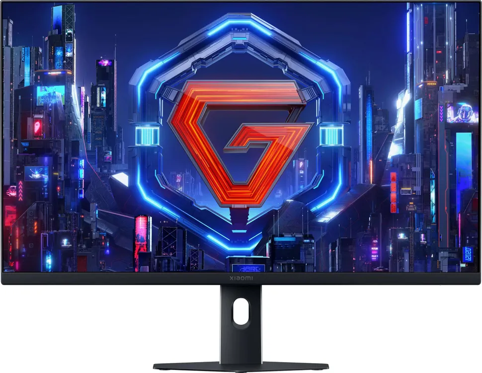 Xiaomi 2K Gaming Monitor G27Qi 2026 вид спереди на подставке с неоновым тестовым изображением