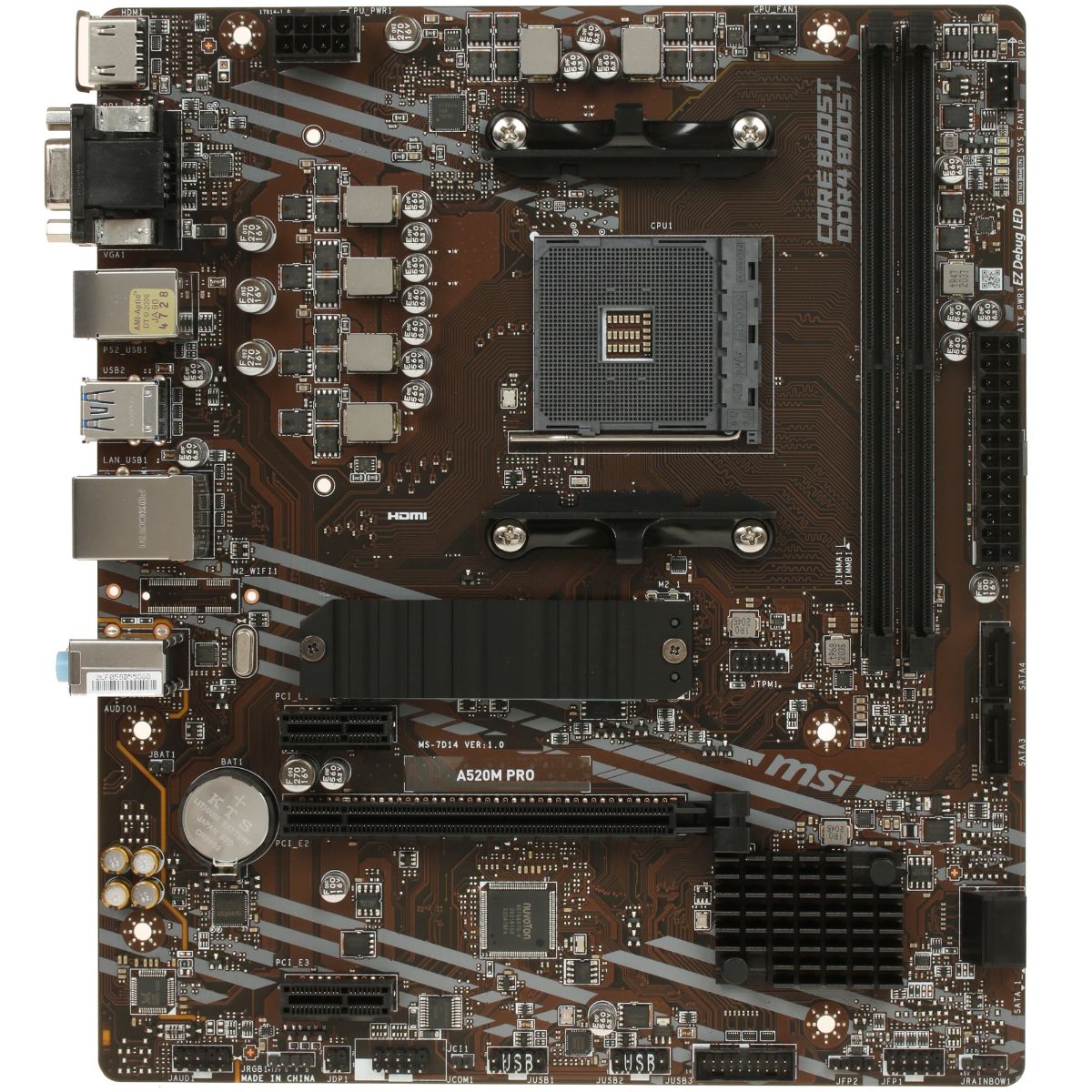 MSI A520M Pro вид сверху &mdash; сокет AM4, слоты DDR4, разъёмы задней панели