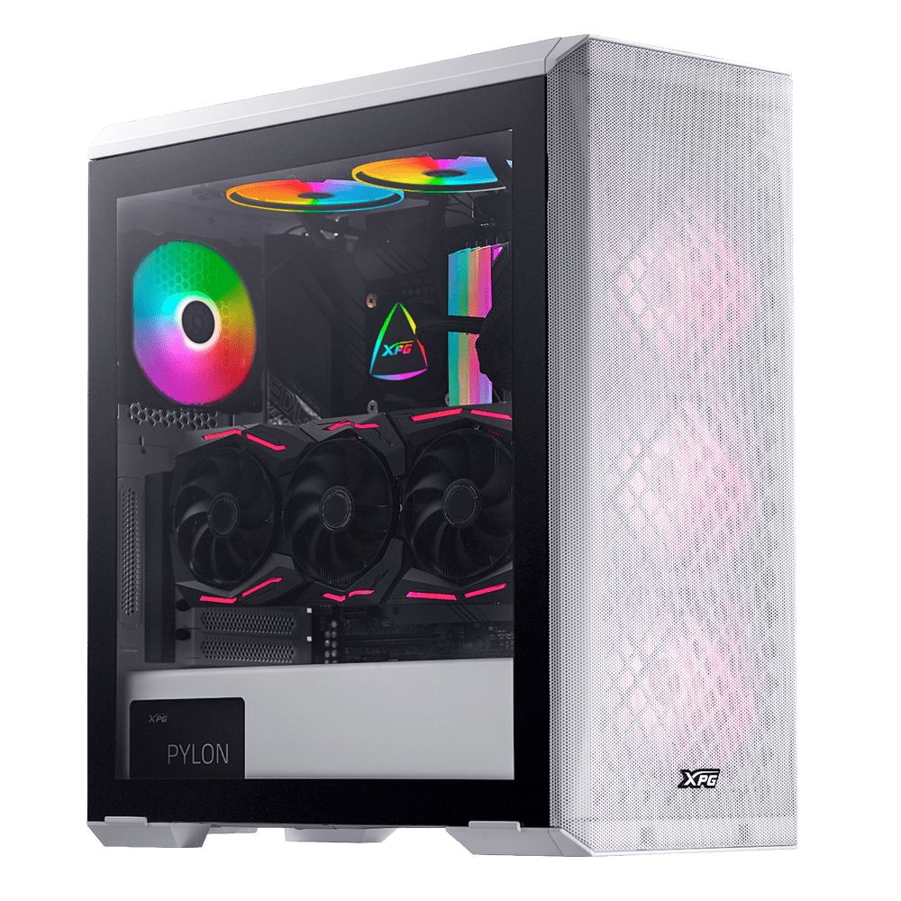 ADATA XPG DEFENDER WHCWW белый корпус вид спереди с RGB-вентиляторами и боковым стеклом