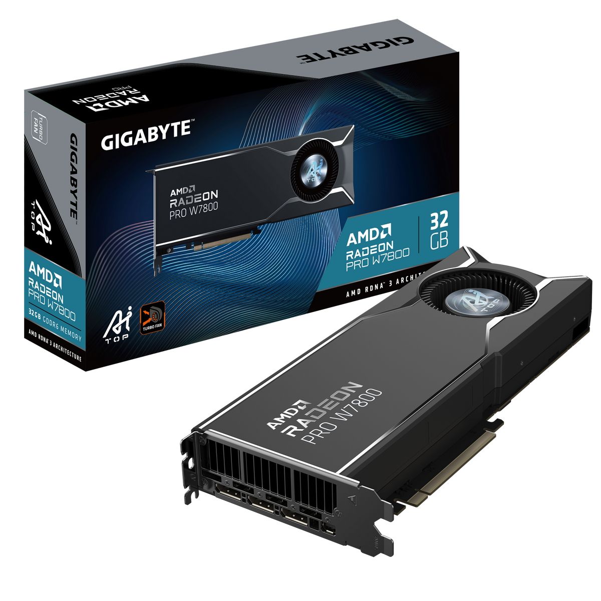 Gigabyte Radeon Pro W7800 W7800 AI TOP 32G комплект поставки и общий вид карты с кулером и разъёмами питания