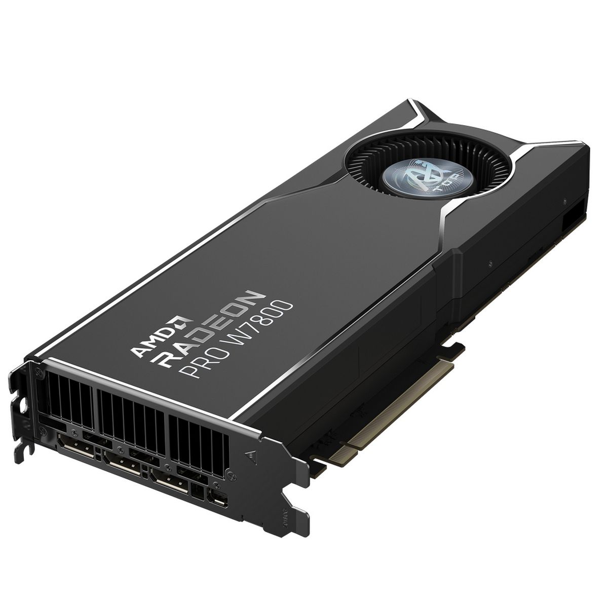 Gigabyte Radeon Pro W7800 вид сверху — корпус турбинного кулера и порты DisplayPort 2.1