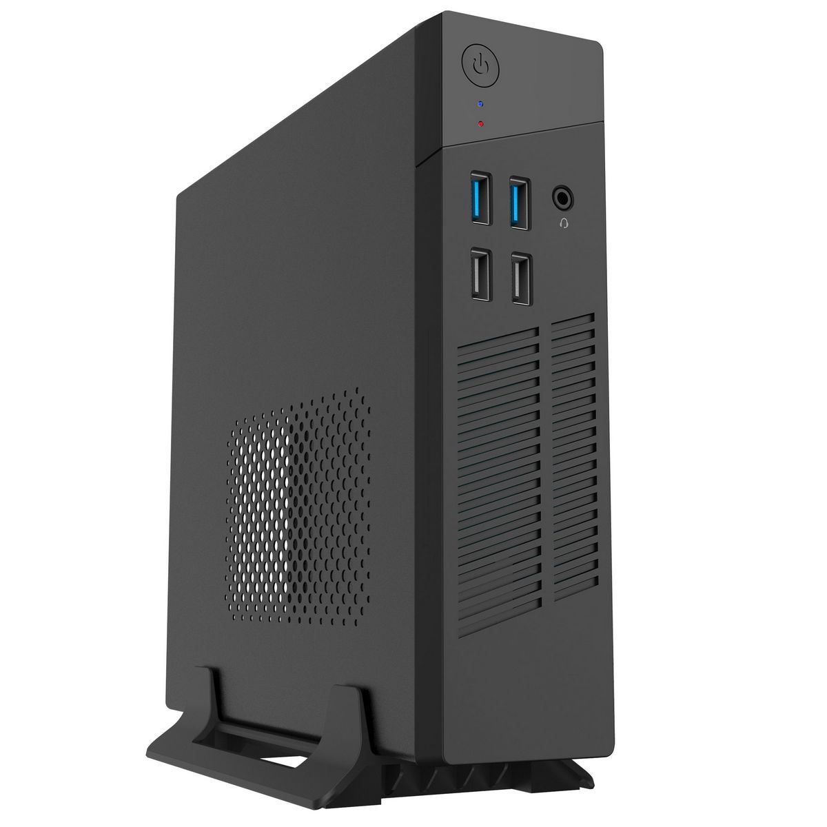 FoxLine FL-102-AD120-DC вид сбоку — передняя панель с кнопкой питания, 4 USB-портами и разъёмом для наушников