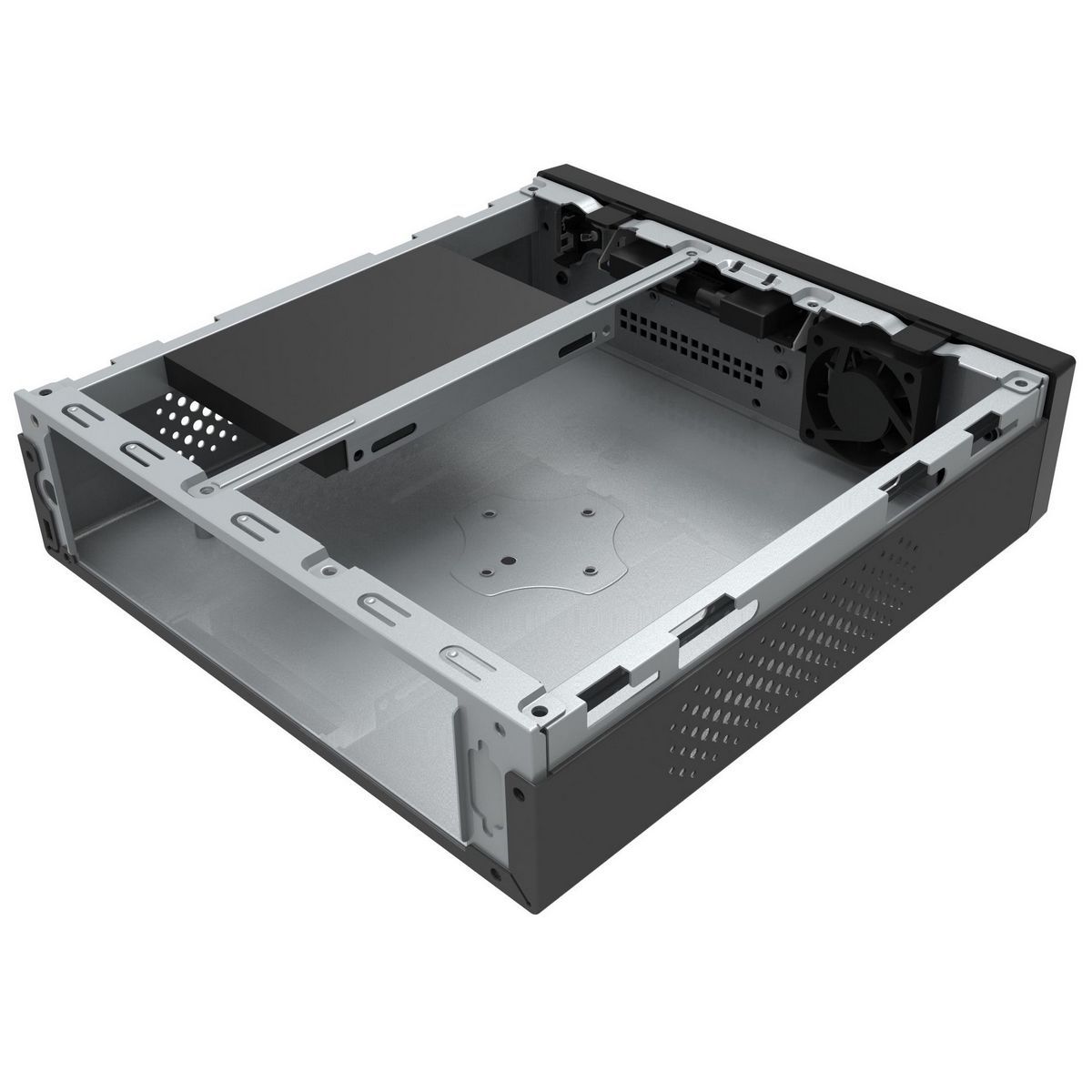 FoxLine FL-102-AD120-DC внутренняя компоновка с открытой крышкой — места крепления компонентов и система охлаждения