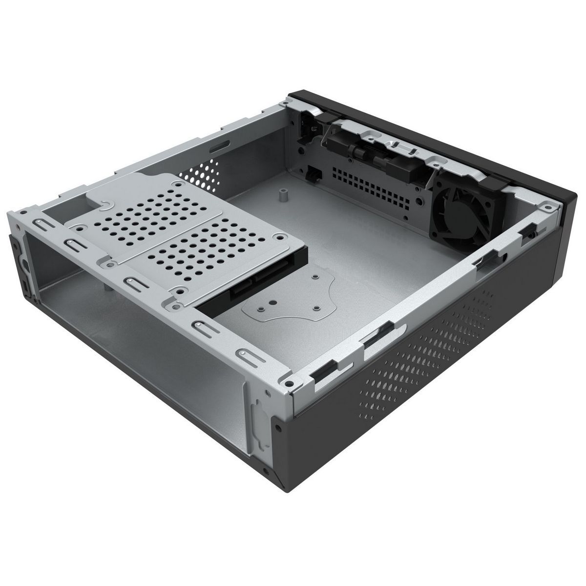 FoxLine FL-102-AD120-DC внутренняя компоновка с установленными накопителями — компактное расположение компонентов
