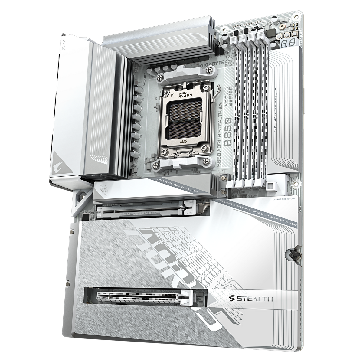 Gigabyte B850 Aorus Stealth Ice четыре слота M.2 с радиаторами PCIe 5.0