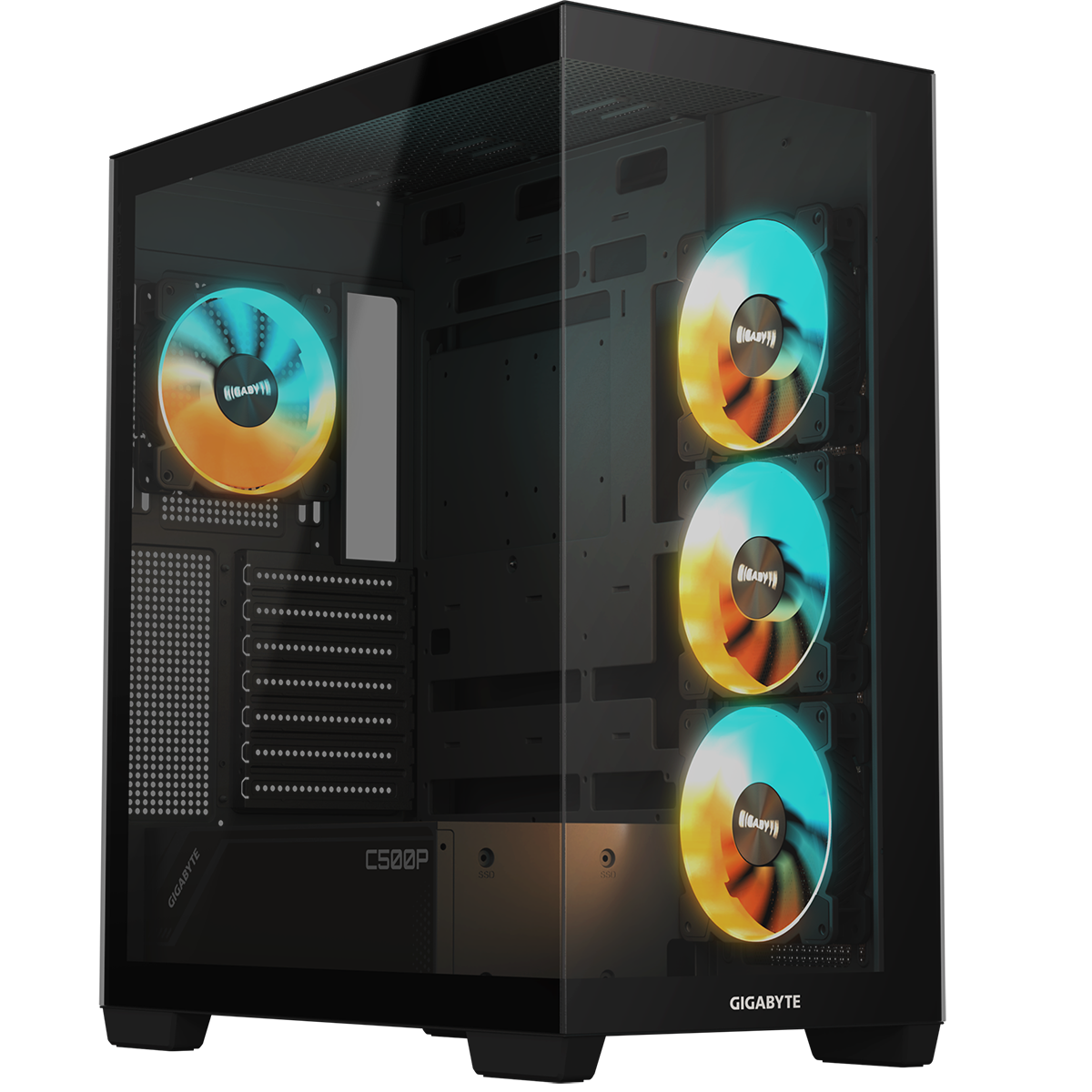 Gigabyte C500 Panoramic Stealth вид спереди — три ARGB-вентилятора и закалённое стекло