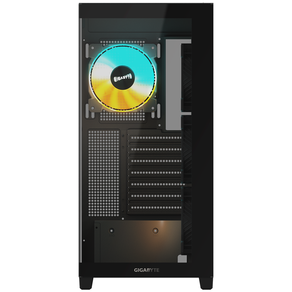 Gigabyte C500 Panoramic Stealth вид с открытым боковым стеклом — внутренняя компоновка, слоты расширения