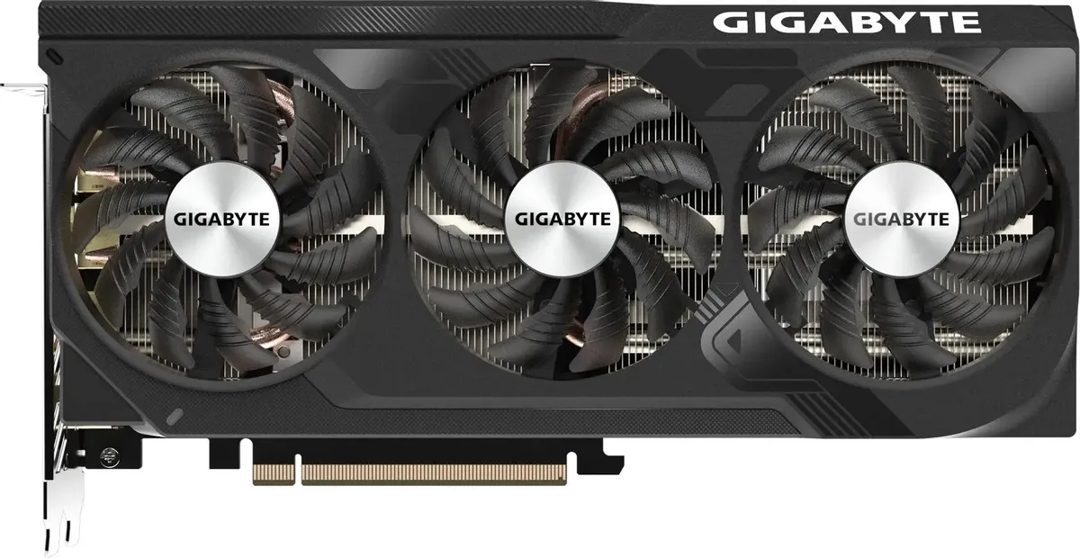 Gigabyte RTX 4070 Super WINDFORCE вид спереди три вентилятора и порты вывода