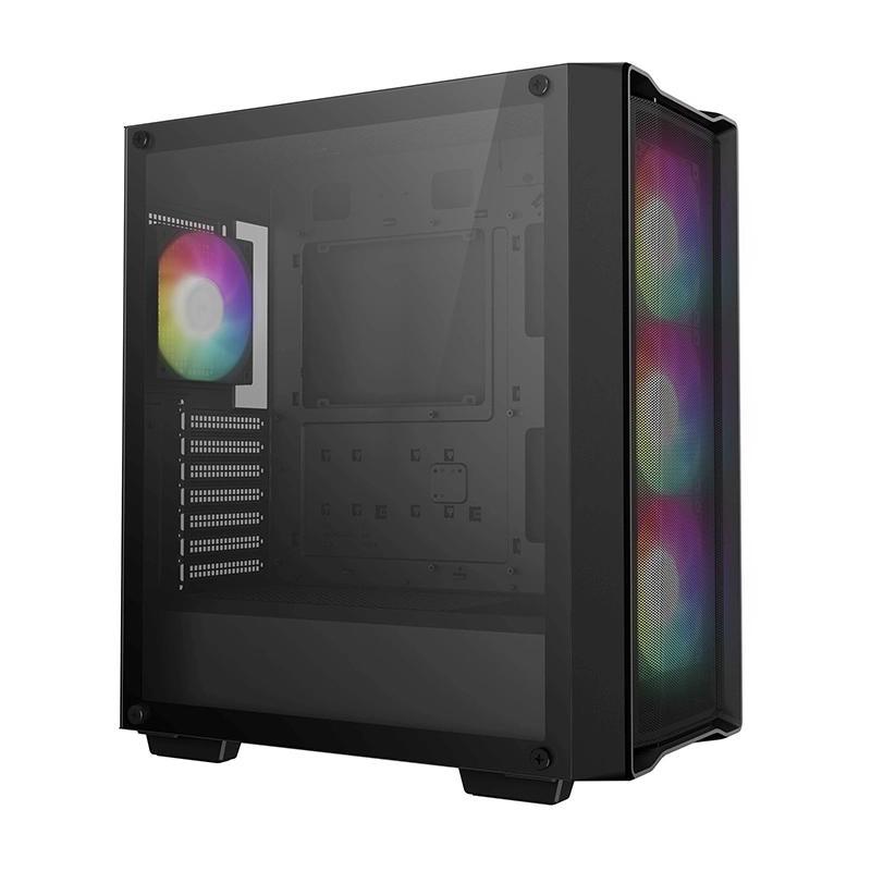 DeepCool CC560 MESH V2 фронтальный вид ARGB-вентиляторы через боковое стекло разноцветная подсветка