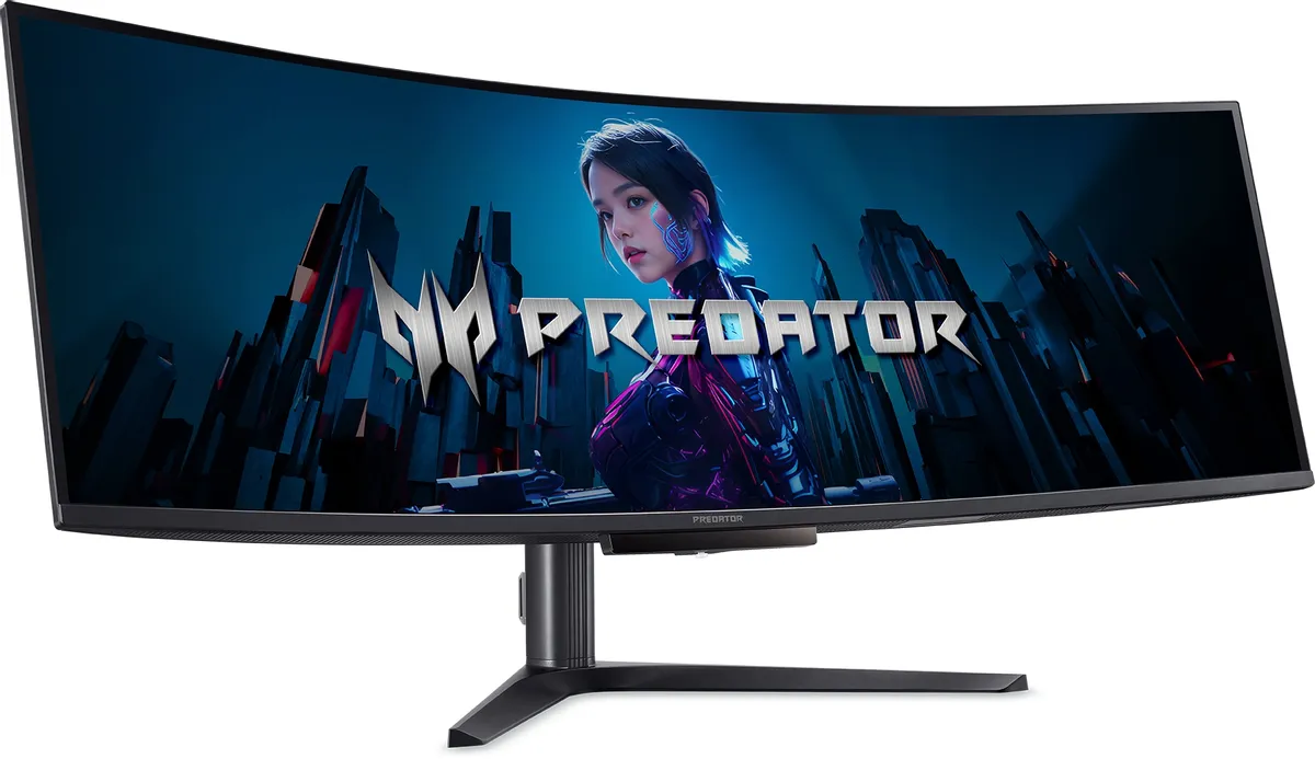 Acer Predator X49Vbmiiphuzx вид спереди на подставке с демонстрационным контентом в киберпанк-стиле