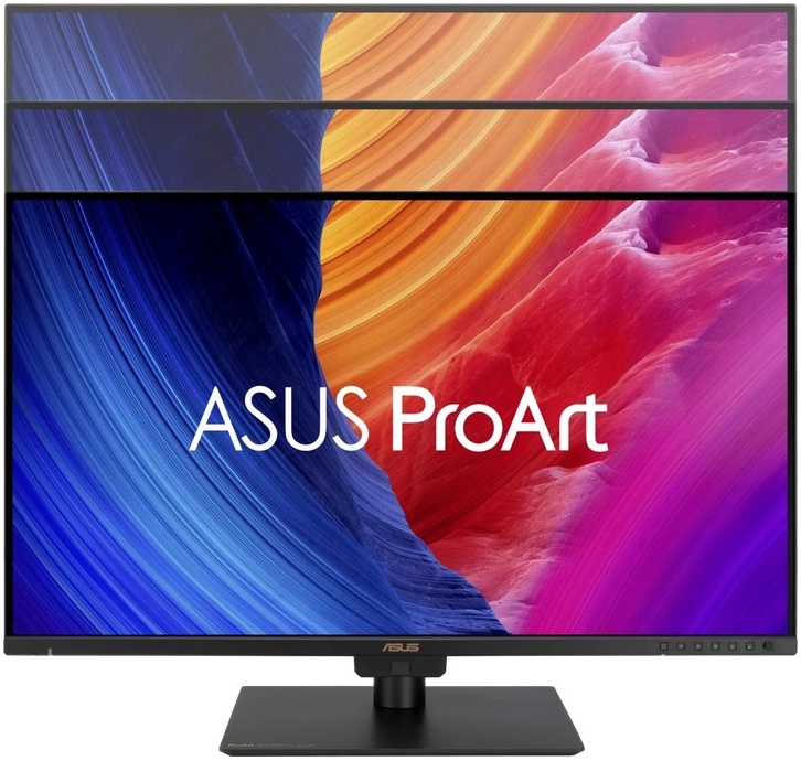 ASUS ProArt PA32UCE вид спереди на подставке, экран включён с цветовым градиентом