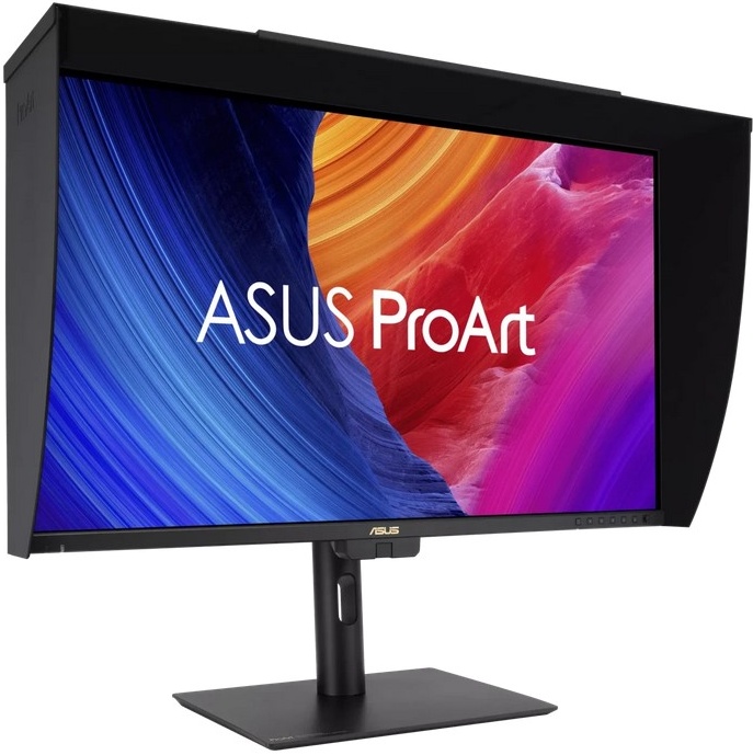 ASUS ProArt PA32UCE боковой профиль с солнцезащитным козырьком на регулируемой подставке