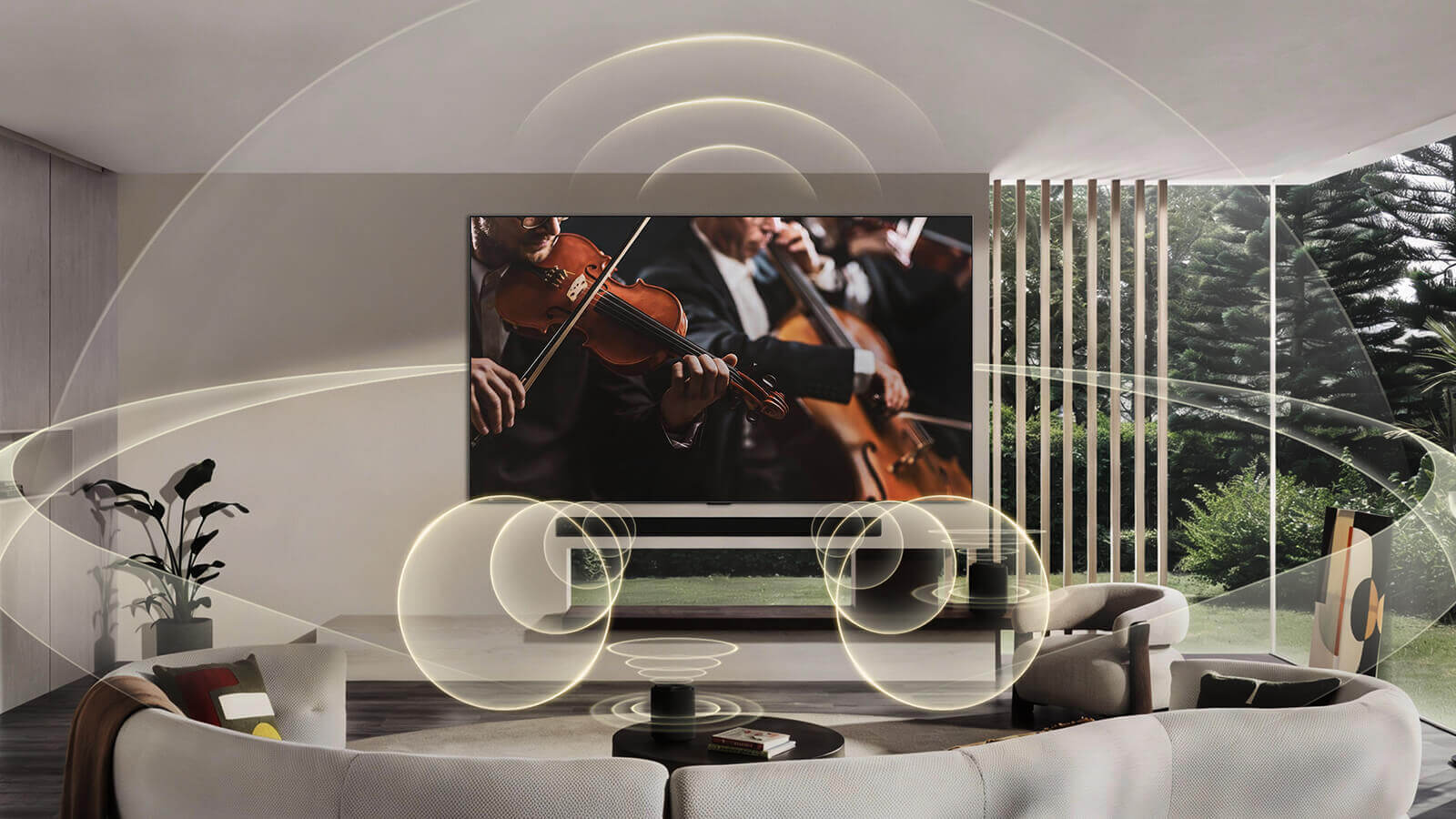 LG OLED55G6 акустическая система 4.2 в интерьере гостиной &mdash; визуализация звукового поля при воспроизведении концерта