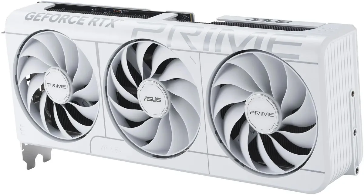 ASUS Prime GeForce RTX 5070 три вентилятора белый дизайн фронтальный вид