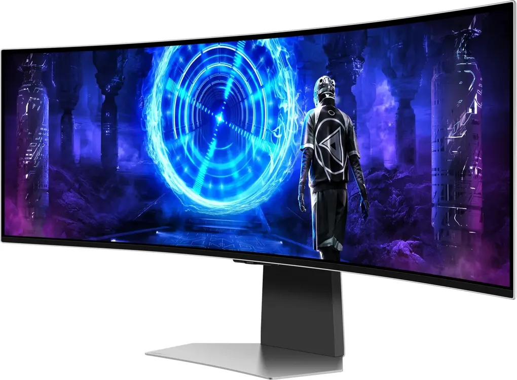 Samsung Odyssey OLED G9 S49DG952SI боковой профиль — изогнутый корпус и минималистичная угольная подставка