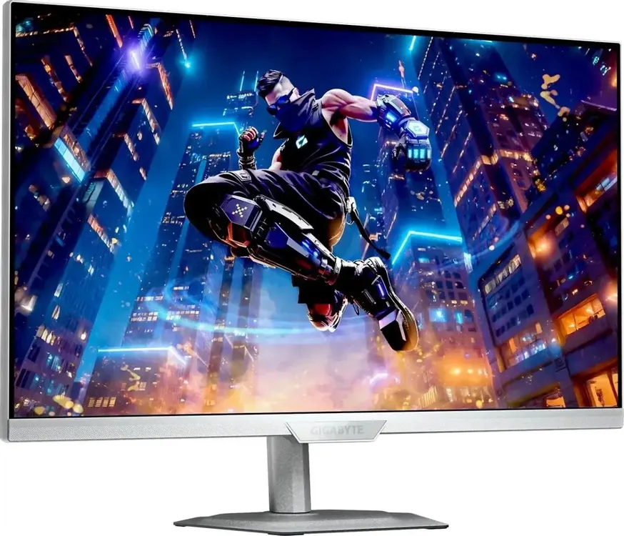 Gigabyte M27Q2 ICE EK вид спереди на подставке с игровым контентом на экране