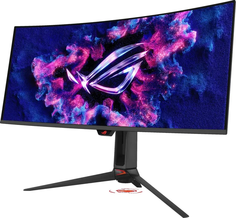 ASUS ROG Swift PG34WCDN вид под углом демонстрация изогнутости экрана и дизайна корпуса с логотипом ROG