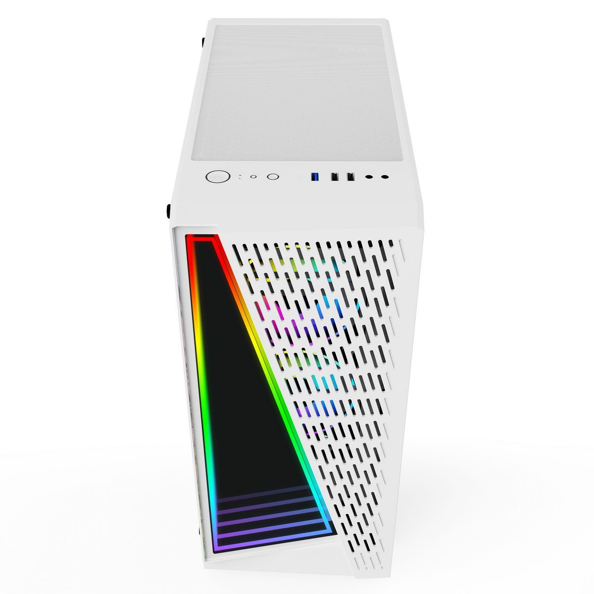 ALSEYE X3-W вид спереди с открытой сетчатой панелью — верхняя I/O панель с USB 3.0, USB 2.0 и аудиоразъёмом