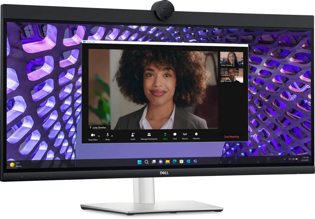 Dell P3424WEB вид спереди — монитор с веб-камерой и активным экраном видеоконференции