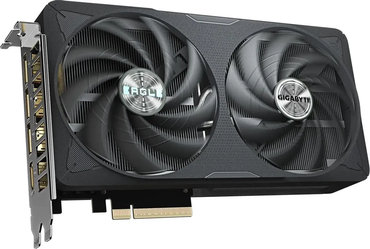 Gigabyte RTX 5060 Ti Eagle OC вид спереди два вентилятора металлический кронштейн разъём питания