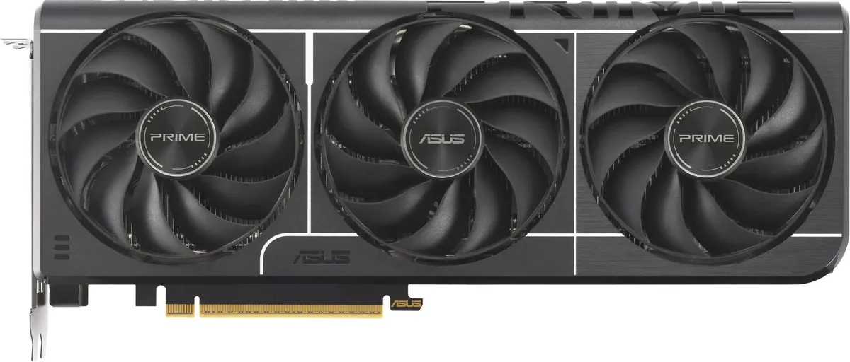 ASUS GeForce RTX 5060 Ti PRIME OC — вид спереди, тройной кулер и золотой PCI-E слот