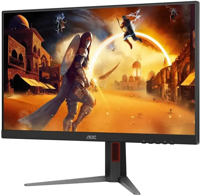 AOC Q27G4Z вид сбоку под углом тонкий корпус игровой монитор с красной вставкой на подставке