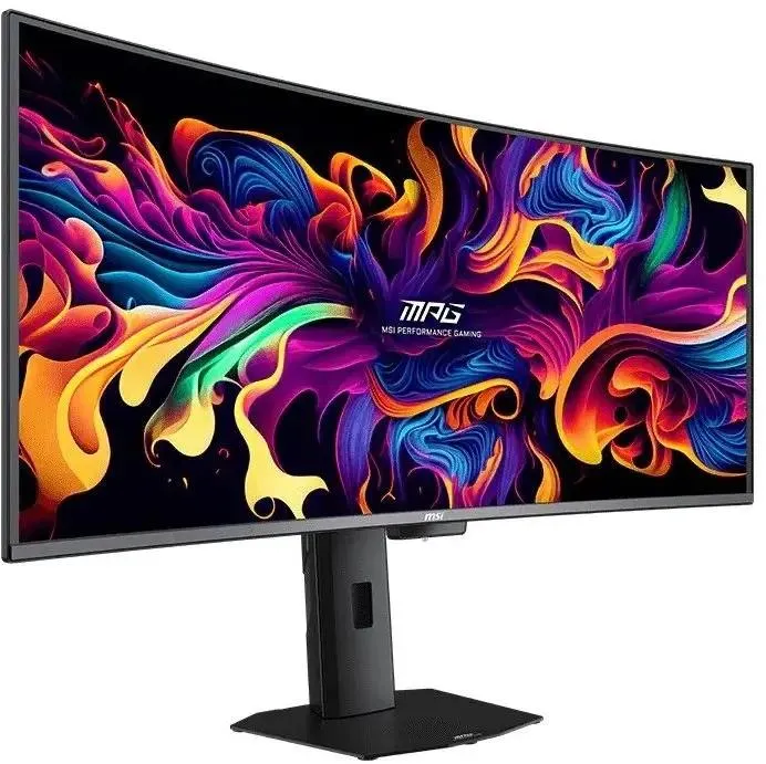 MSI MPG 341CQR вид спереди и сбоку на подставке с поворотным механизмом