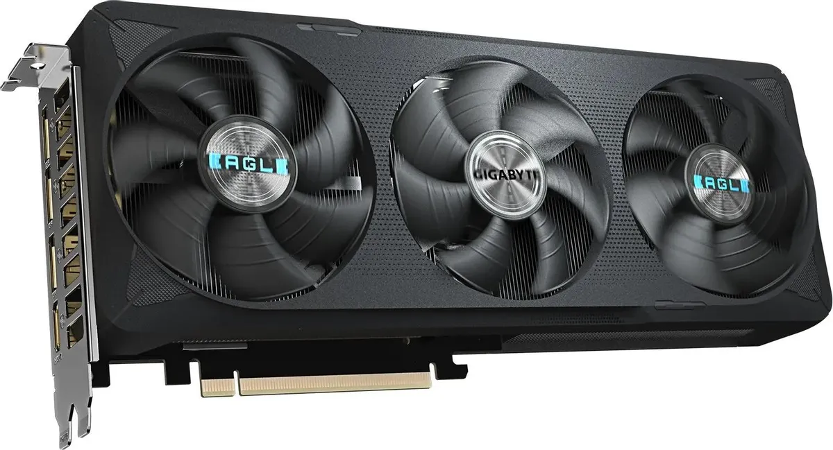 Gigabyte RTX 5070 Eagle OC вид сбоку разъём PCI-E металлический бэкплейт кулеры с подсветкой